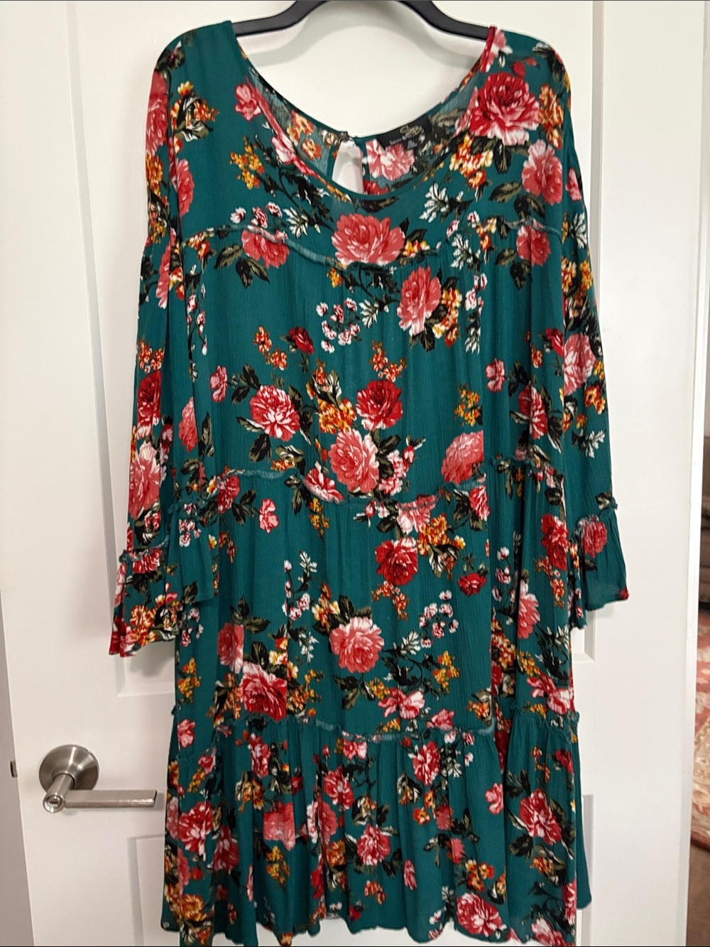 Suzanne Betro Teal Floral Tiered Long Sleeve Dress